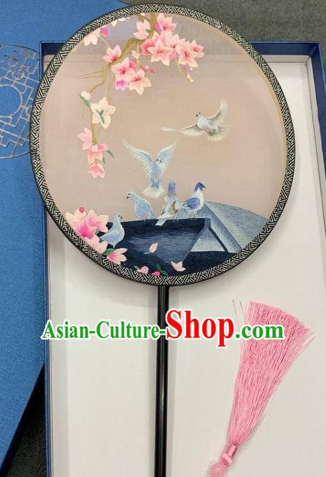 China Handmade Embroidered Pigeon Palace Fan Classical Hanfu Circular Fan Traditional Double Side Embroidery Silk Fan