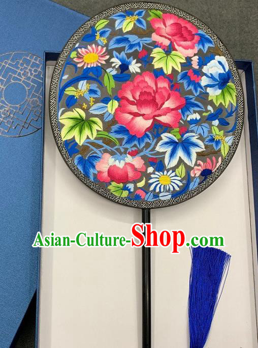 China Handmade Embroidered Palace Fan Traditional Double Side Embroidery Peony Fan Classical Hanfu Silk Fan