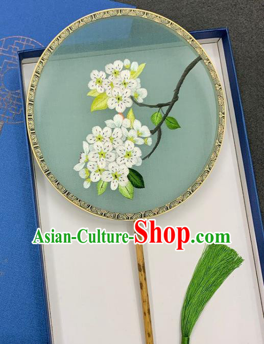 China Handmade Embroidered Pear Blossom Palace Fan Traditional Double Side Embroidery Circular Fan Classical Hanfu Green Silk Fan