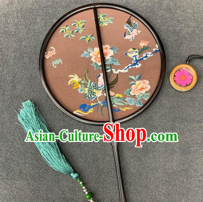 China Double Side Embroidered Jacinth Silk Circular Fan Handmade Embroidery Phoenix Peony Palace Fan