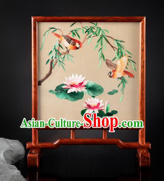 Chinese Traditional Hunan Embroidery Lotus Table Screen Handmade Embroidered Silk Craft Merbau Desk Decoration