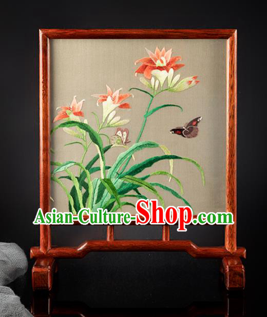 Chinese Handmade Embroidered Silk Craft Merbau Desk Decoration Traditional Hunan Embroidery Orchids Table Screen