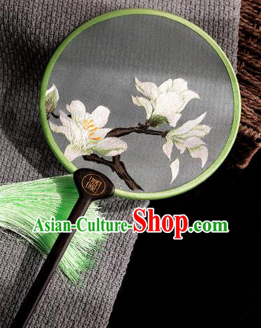 China Traditional Hanfu Circular Fan Handmade Silk Fan Hunan Embroidery Mangnolia Palace Fan