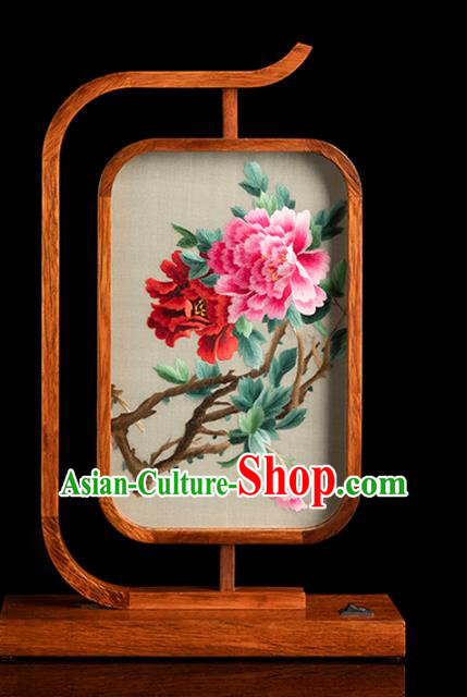 Chinese Handmade Merbau Craft Embroidered Desk Lamp Traditional Hunan Embroidery Peony Table Screen