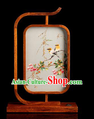 Chinese Embroidered Desk Lamp Handmade Merbau Craft Traditional Hunan Embroidery Peach Blossom Table Screen