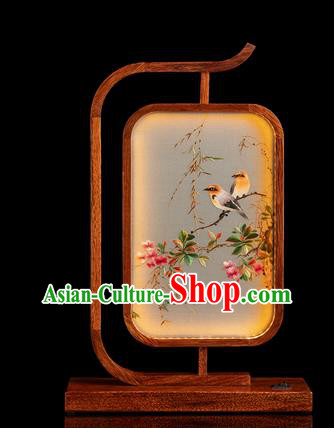 Chinese Embroidered Desk Lamp Handmade Merbau Craft Traditional Hunan Embroidery Peach Blossom Table Screen