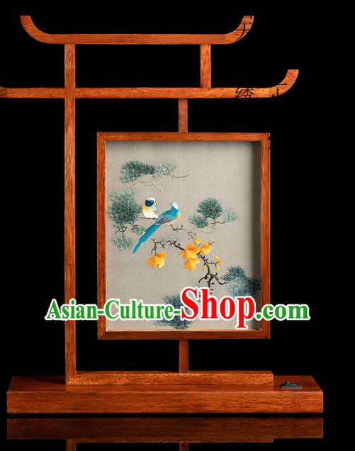 Chinese Double Side Embroidered Desk Lamp Handmade Merbau Craft Traditional Hunan Embroidery Pine Birds Table Screen
