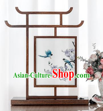 Chinese Handmade Merbau Desk Lamp Traditional Hunan Embroidery Mangnolia Table Screen