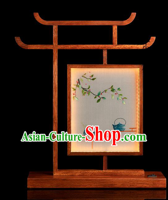 Chinese Traditional Hunan Embroidery Table Screen Handmade Merbau Desk Lamp