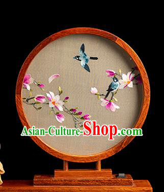 Chinese Traditional Hunan Embroidery Purple Mangnolia Table Screen Handmade Merbau Circular Desk Lamp Ornament