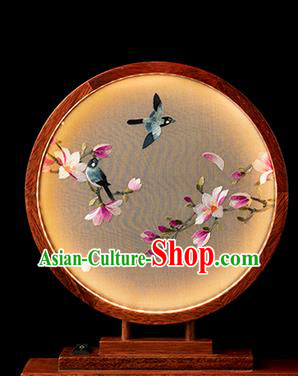 Chinese Traditional Hunan Embroidery Purple Mangnolia Table Screen Handmade Merbau Circular Desk Lamp Ornament