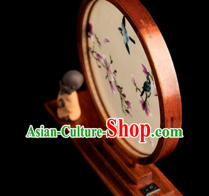 Chinese Traditional Hunan Embroidery Purple Mangnolia Table Screen Handmade Merbau Circular Desk Lamp Ornament