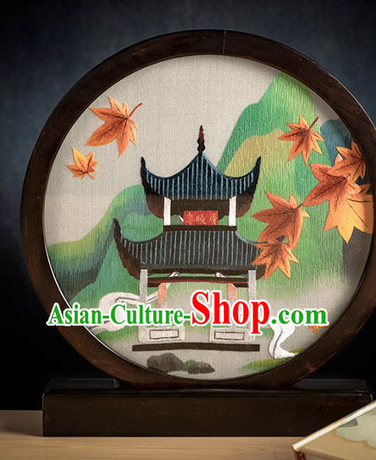 Chinese Desk Circular Ornament Traditional Hunan Embroidery Pavilion Table Screen Handmade Narra Craft