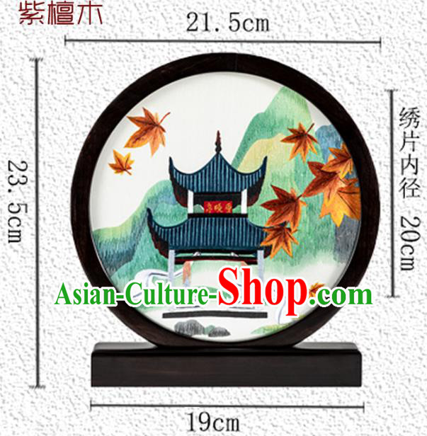 Chinese Desk Circular Ornament Traditional Hunan Embroidery Pavilion Table Screen Handmade Narra Craft