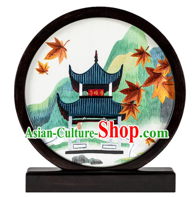 Chinese Desk Circular Ornament Traditional Hunan Embroidery Pavilion Table Screen Handmade Narra Craft