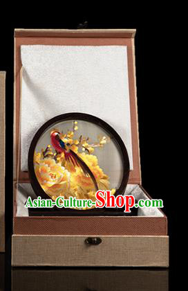 Chinese Traditional Hunan Embroidery Yellow Peony Table Screen Handmade Narra Craft Desk Circular Ornament