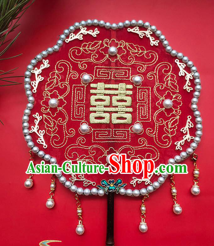 China Embroidery Red Silk Palace Fan Traditional Hanfu Fan Handmade Wedding Fan