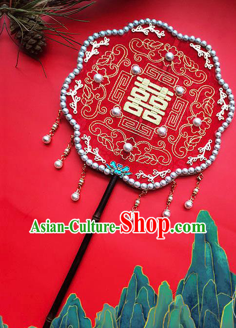 China Embroidery Red Silk Palace Fan Traditional Hanfu Fan Handmade Wedding Fan