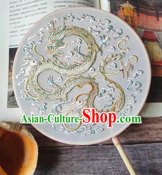China Handmade Wedding Circular Fan Embroidery Dragon White Silk Palace Fan Traditional Hanfu Fan