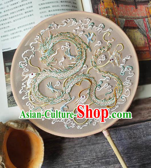 China Handmade Wedding Circular Fan Traditional Champagne Silk Hanfu Fan Embroidery Dragon Palace Fan