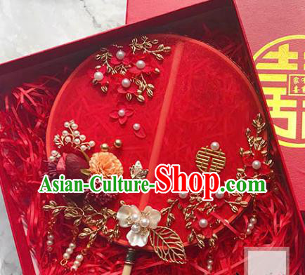 China Traditional Red Silk Hanfu Fan Bride Palace Fan Handmade Wedding Rose Circular Fan