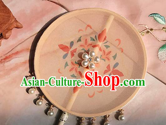China Ancient Princess Palace Fan Handmade Beige Silk Fan Traditional Hanfu Circular Fan