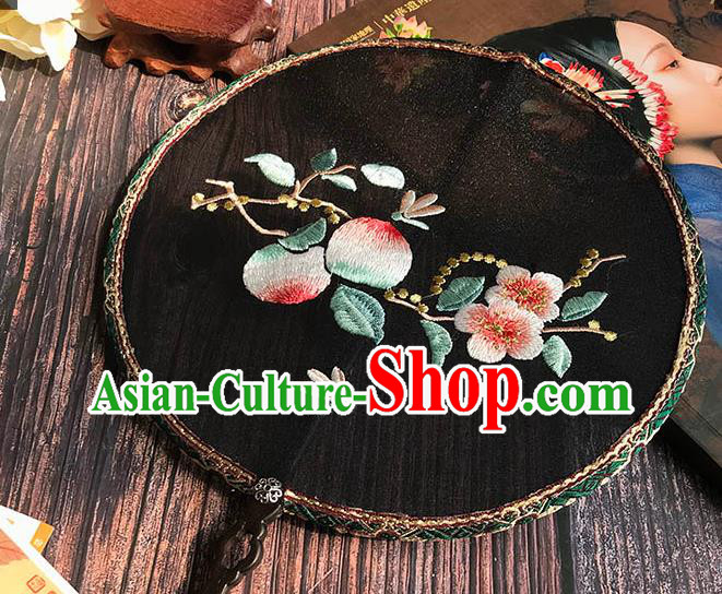 China Handmade Palace Fan Wedding Black Silk Fan Traditional Hanfu Embroidered Peach Flowers Circular Fan