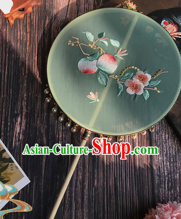 China Wedding Light Green Silk Fan Traditional Hanfu Embroidered Peach Flowers Circular Fan Handmade Palace Fan