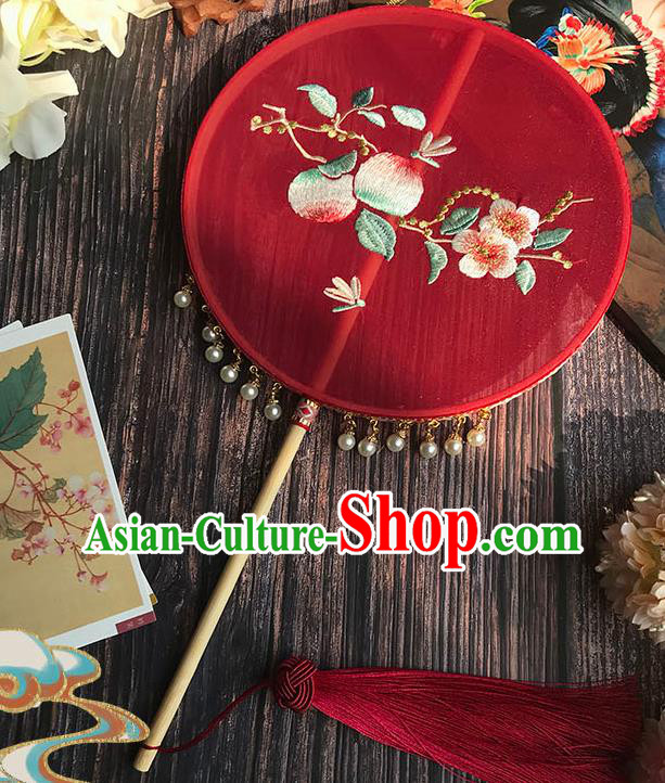 China Wedding Red Silk Fan Handmade Palace Fan Traditional Hanfu Embroidered Peach Flowers Circular Fan