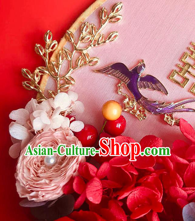 China Bride Circular Fan Wedding Silk Fan Handmade Palace Fan Traditional Red Rose Fan