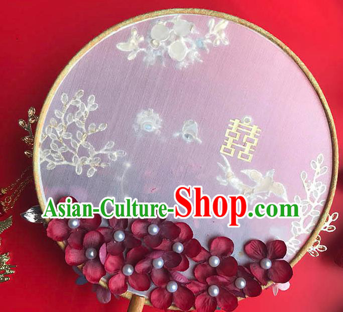 China Bride Circular Fan Wedding Silk Fan Handmade Palace Fan Traditional Red Rose Fan