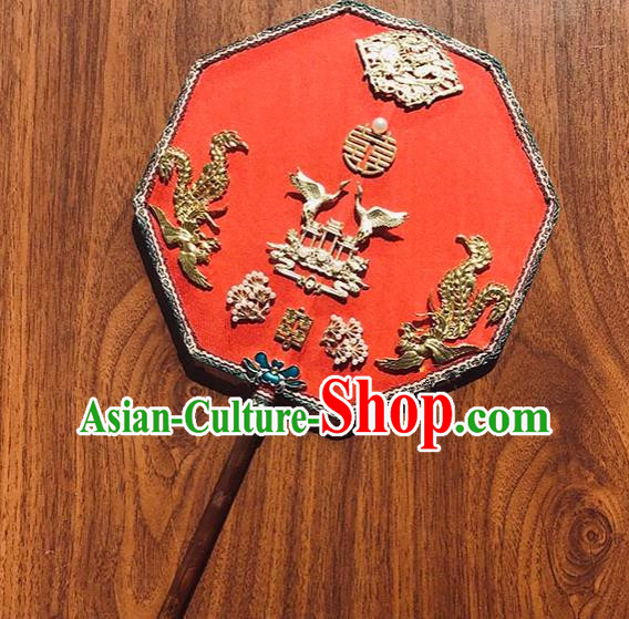 China Traditional Red Silk Fan Wedding Octagon Fan Handmade Golden Crane Palace Fan