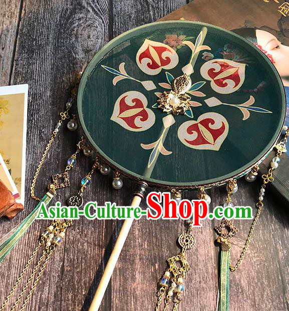 China Handmade Green Silk Palace Fan Wedding Circular Fan Traditional Tang Dynasty Princess Fan