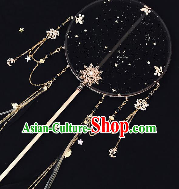 China Traditional Hanfu Circular Fan Ancient Princess Palace Fan Handmade Black Silk Fan