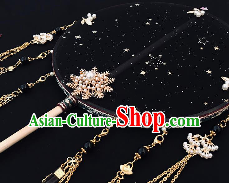 China Traditional Hanfu Circular Fan Ancient Princess Palace Fan Handmade Black Silk Fan