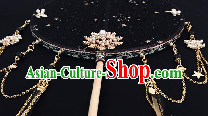 China Traditional Hanfu Circular Fan Ancient Princess Palace Fan Handmade Black Silk Fan