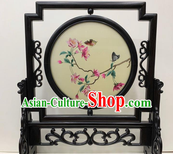 Chinese Traditional Double Side Embroidery Craft Handmade Ebony Desk Decoration Embroidered Peach Blossom Table Screen