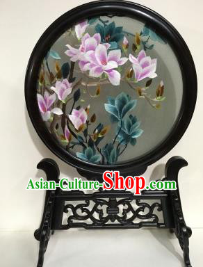 Chinese Ebony Desk Decoration Traditional Embroidery Craft Handmade Embroidered Mangnolia Table Screen