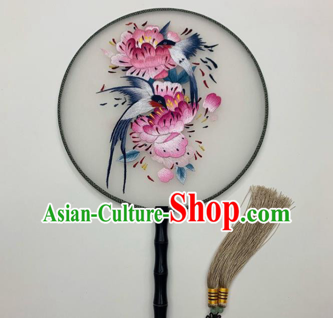 China Handmade Silk Fan Hanfu Circular Fan Embroidery Peony Birds Palace Fan