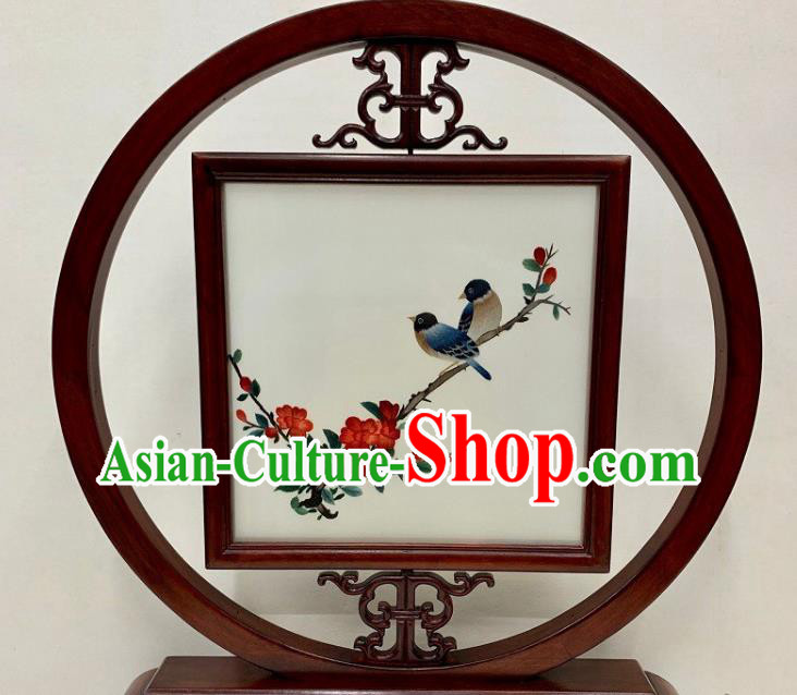 Chinese Embroidered Flowers Bird Table Screen Handmade Palisander Desk Decoration Traditional Embroidery Craft