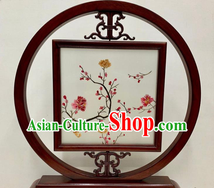 Chinese Embroidery Silk Table Screen Handmade Embroidered Plum Flowers Desk Decoration Traditional Palisander Craft