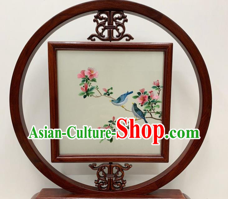 Chinese Handmade Embroidered Peach Flowers Desk Decoration Traditional Palisander Craft Embroidery Silk Table Screen