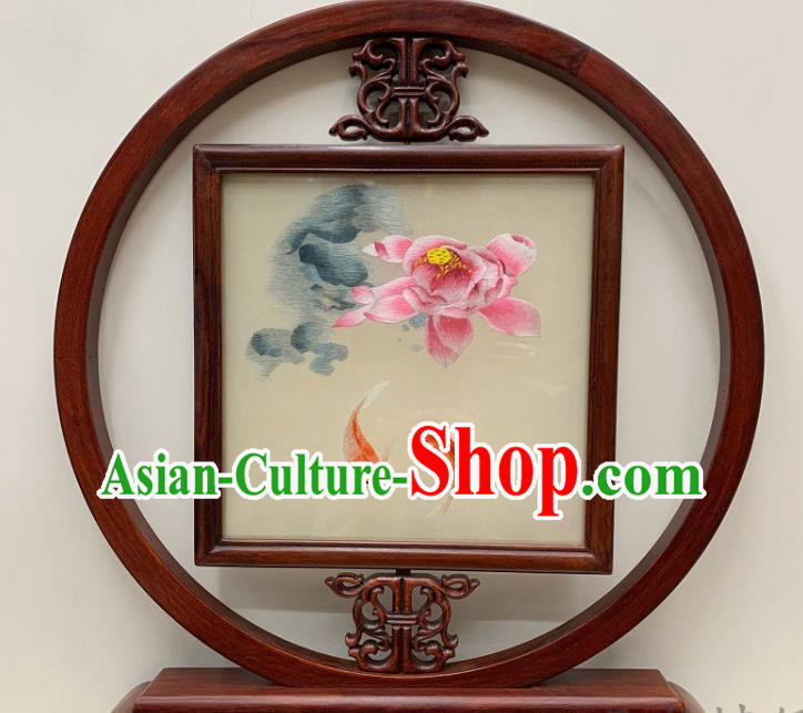 Chinese Handmade Silk Table Screen Embroidered Lotus Desk Decoration Traditional Palisander Craft
