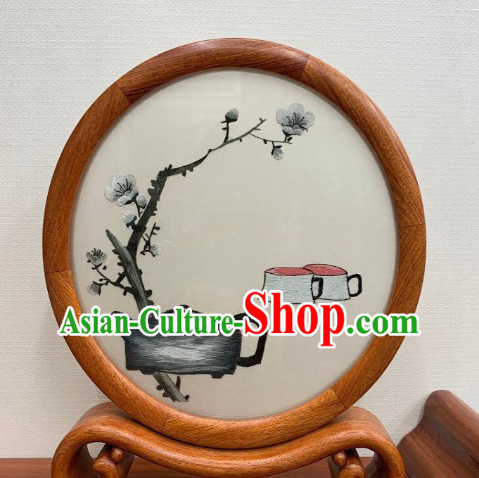 Chinese Embroidered Table Screen Traditional Suzhou Embroidery Plum Tea Silk Craft Handmade Palisander Ornament