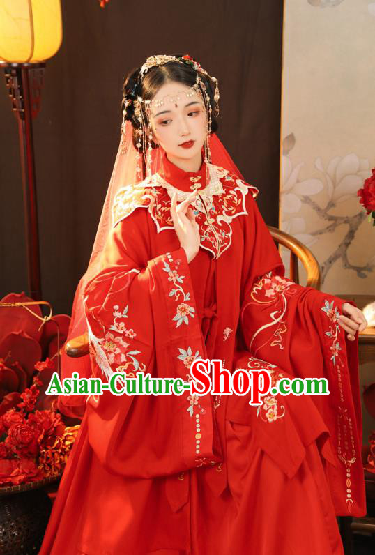 China Ancient Noble Lady Embroidered Red Hanfu Dress Traditional Ming Dynasty Wedding Historical Clothing Full Set