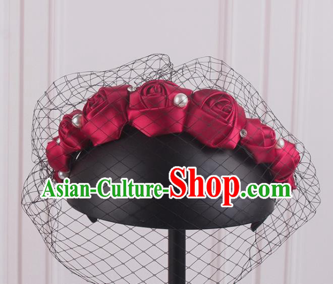 French Elegant Wedding Face Veil Headwear Bride Wine Red Satin Rose Hair Clasp