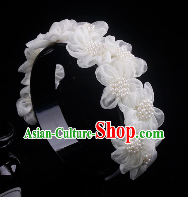 French Wedding Pearls Headband Bride White Silk Flowers Hair Clasp Elegant Hair Accessories