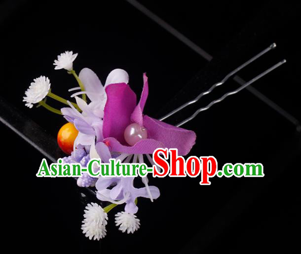 Top Grade Wedding Bride Hair Accessories Handmade Hair Stick Classical Purple Silk Flower Hairpin