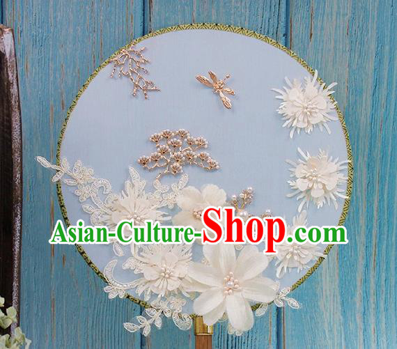 China Wedding Silk Fan Handmade White Flowers Palace Fan Traditional Bride Circular Fan