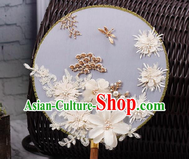 China Wedding Silk Fan Handmade White Flowers Palace Fan Traditional Bride Circular Fan